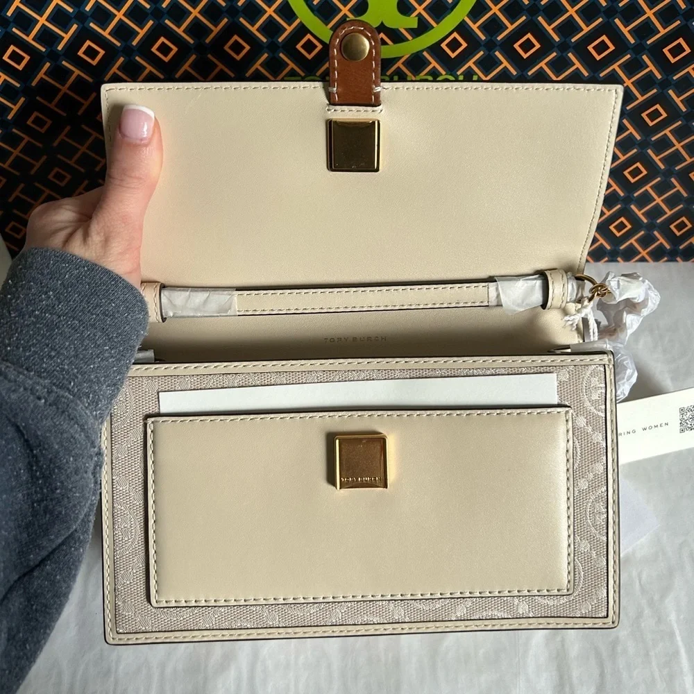 Tory Burch T Monogram Chain Wallet Crossbody Bag Ivory Gold Tan Cream Neutral